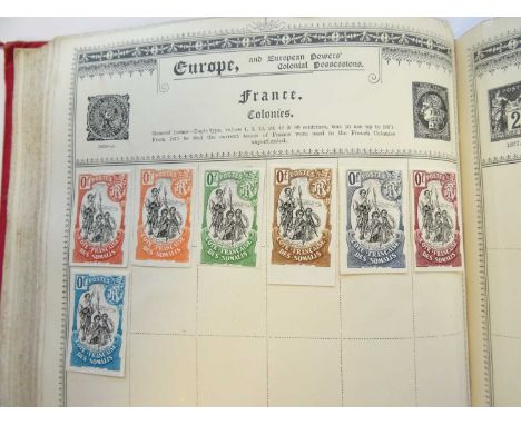 Vintage Stamp Collection in a red 'Empire' album, 100s of early stamps mint and used, incl. French Somali Coast imperf colour