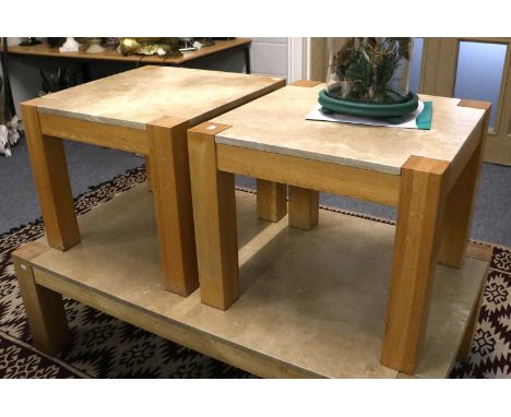 A Pair of Flagstone Topped Oak Lamp Tables, each 60cm by 50cm