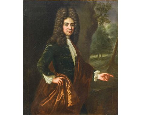 Circle of Jonathan Richardson (1667-1745)Portrait of a gentleman, three-quarter length, standing, wearing a powdered wig, gre