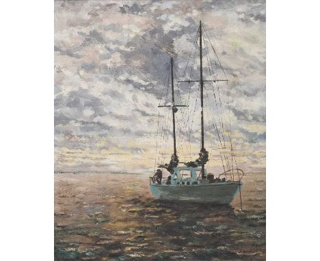 J* Ludford (20th century)Anchored sailboat at sunset54cm by 44cm; together with a collection of decorative furnishing prints 