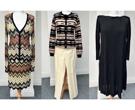 Missoni Sport Knitted Chevron Pattern Two Piece in brown, navy, cream and green, comprising a cardigan with navy trim and but