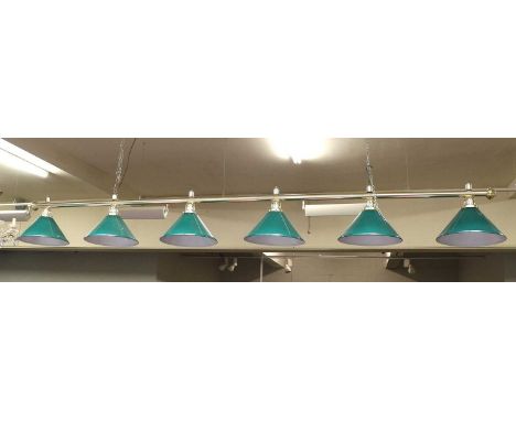 A Brass Six Light Snooker Table Light, with six green painted metal shades, 308cm (approximately)