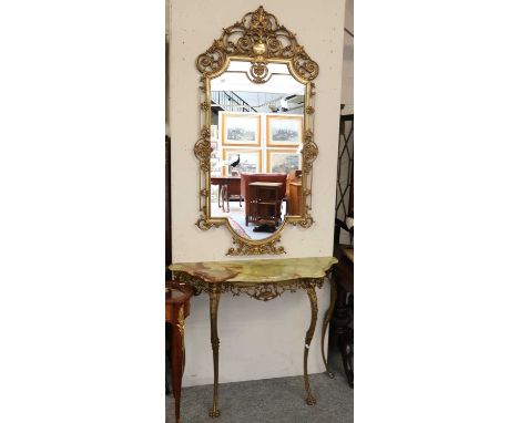 A Reproduction Onyx Topped Serpentine Fronted Gilt Metal Console Table, cast with shells and masks, 102cm by 36cm by 80cm tog