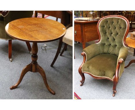 A Victorian upholstered armchair, and an oak tripod table