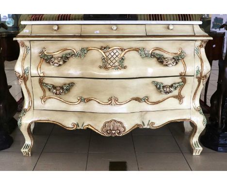 A Modern French Style Painted Marble Top Bombe Shaped Commode, with three concealed frieze drawers, two large drawers below, 