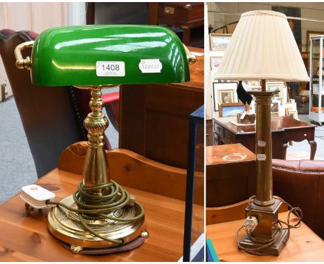 A Brass Based Desk Lamp, with green glass shade, together with a brass table lamp of column form