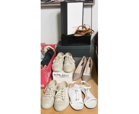 An Assortment of Designer Ladies Shoes comprising a pair of Asprey tan leather flat sandals (size 38), a pair of white leathe
