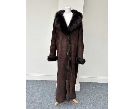 Celtic Sheepskin Dark Brown Shearling Full Length Coat of panelled design with long sleeves, collar and two hook and eye fast