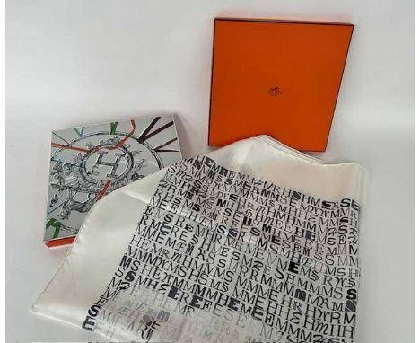 Hermès Silk Scarf Cheval-De-Caractère Designed by Dimitri Rybaltchenko, printed with Hermès letters in differing fonts in gre