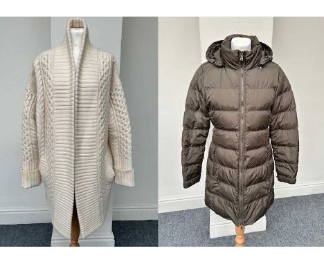 Prada Khaki Green Down Jacket with detachable adjustable hood, two external and one internal zipped pockets, press stud and t