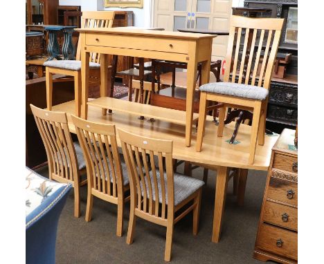 A Light Oak Treske Dining Table, 220cm by 110cm by 73cm, and set of eight dining chairs (9)In good clean condition, no issues