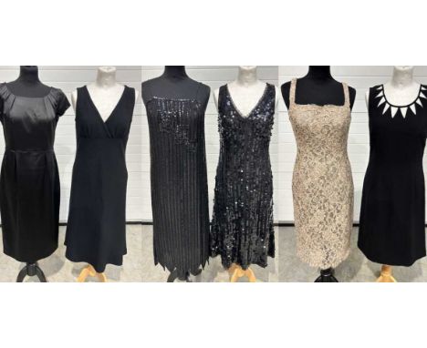 Assorted Modern Evening Dresses including a Hyper Hyper sleeveless black sequin dress with ruffle v-neckline, mesh sequin ove