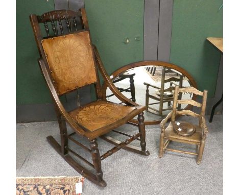 An Early 20th Century Rocking Chair, a childs elm and ash rocking commode and an oval Mirror (3)