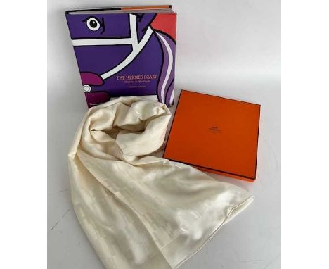 Hermès Cream Silk Monogrammed Scarf, rectangular in shape, approx 182cm by 74cm wide, boxed with outer card case,together wit