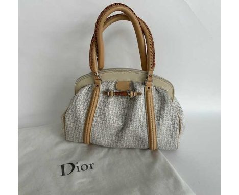 Christian Dior Woven My Dior Frame Bag in Cream with caramel coloured braided leather handles, chrome toned hardware, snap cl