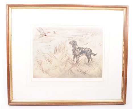 Henry Wilkinson (1921 - 2011) - A 20th century coloured etching of a flat-coated retriever dog in a field with a bird, by Bri