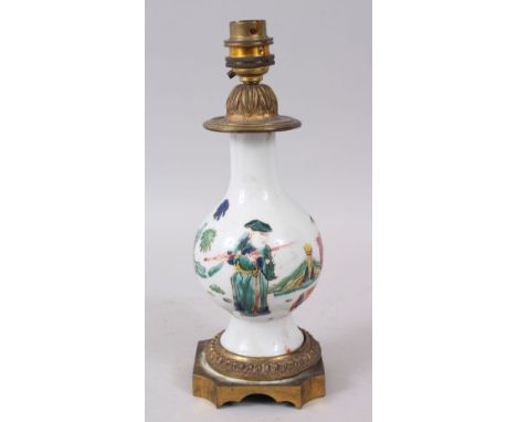 A CHINESE YONGZHENG PERIOD FAMILLE ROSE PORCELAIN VASE, circa 1730, mounted as a lamp with ormolu fittings, 24.8cm high overa