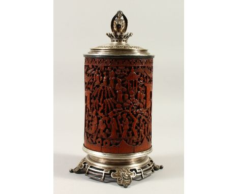 A 19TH / 20TH CENTURY CHINESE BAMBOO BRUSH POT / LIDDED BOX,  later added French metalwork to convert to a box, the mountings