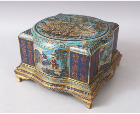 A VERY GOOD LATE 19TH CENTURY CHINESE CLOISONNE ENAMEL SHAPED BOX AND STAND with figures, birds and calligraphy supported on 