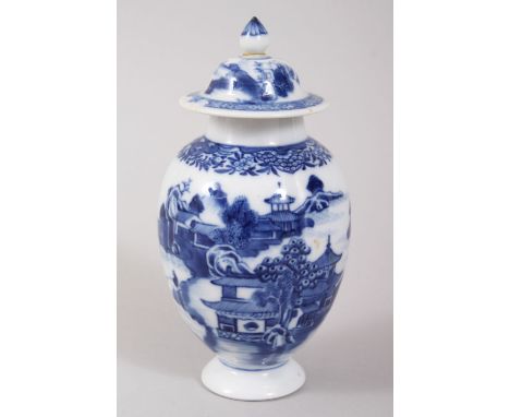 A GOOD CHINESE BLUE AND WHITE PORCELAIN TEA CADDY AND COVER, decorated with landscape scenes, 14cm high.