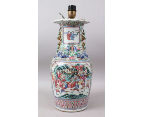 A GOOD 19TH CENTURY CHINESE CANTON FAMILLE ROSE PORCELAIN VASE / LAMP, the panels decorated with figures within landscapes an