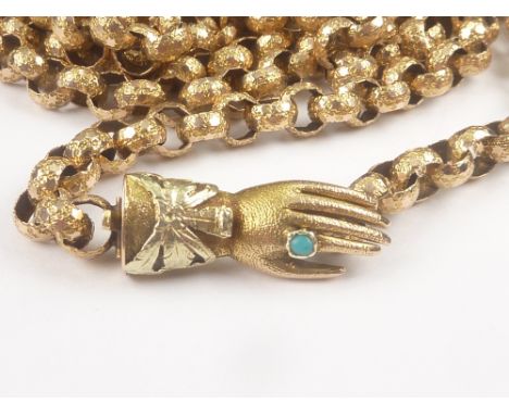 Early 19th century gold long chain of textured belcher links with coloured gold snap and turquoise.    Condition Report.  33g