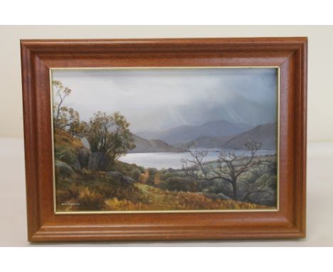 ALAN R THOMPSON."Ullswater from Gowbarrow with storm".Oil on canvas.18.5cm x 29cm.Signed, dated 1983.