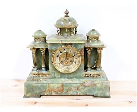 French early 20th century mantle clock with green onyx case of architectural form, 38cm.