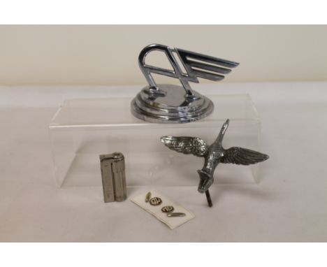 Austin "Flying A" chrome plated car mascot on circular stepped base, 14cm long, Austin cars promotional lighter inscribed "W.