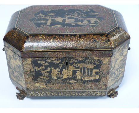19th century Chinese export gilt-decorated black lacquer tea caddy of shaped hexagonal form, enclosing a pair of tin canister