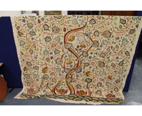 Indian bedspread with polychrome wool chain stitched floral decoration.
