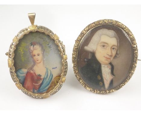 Georgian miniature portrait of a man with blue coat in gilt metal c1820 and another of a woman. (2)
