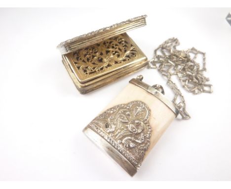 Silver vinaigrette, engine turned with foliate borders by Nathaniel Mills, Birmingham 1838, 41mm, also a silver mounted scent