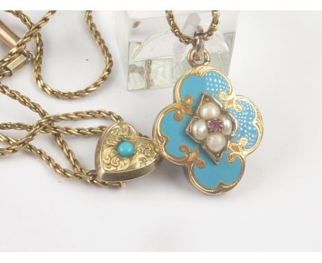 Victorian turquoise enamel locket with pearls and tiny ruby, on necklet with similar slide.   Condition Report.  8.4g.All in 