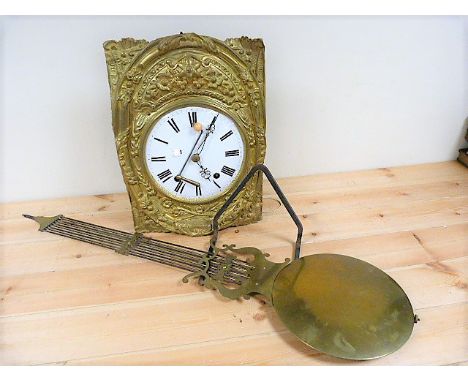 Comtoise wall clock with enamel dial and typically embossed surround, with iron wall bracket.