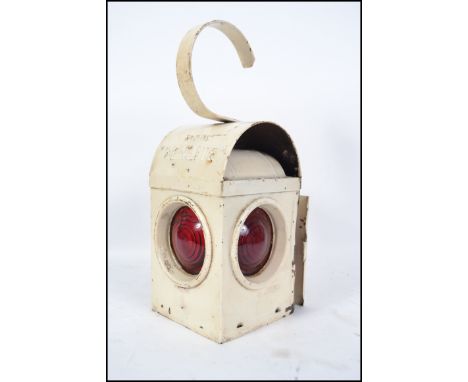 A vintage&nbsp;white painted metal Kenyon Kenlite industrial road / railway 3 aspect hanging oil lamp complete with inner tra