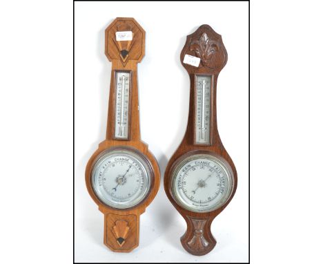A 1930's Art Deco banjo barometer with circular dial and thermometer together with another oak example