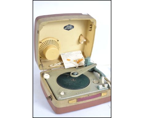 A retro mid century portable record player in two tone case by Philips having a 4 Speed record player - Disc jockey Model 196