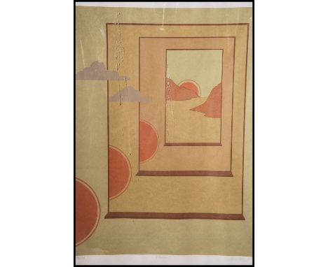A 20th century retro print having an alternating geometric pattern with clouds in the distance entitled Focus. Signed by Arti