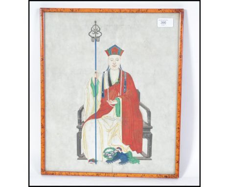 A Chinese 19th century print with handpainted finish of an ancestor with temple dog to feet on paper. The picture being frame