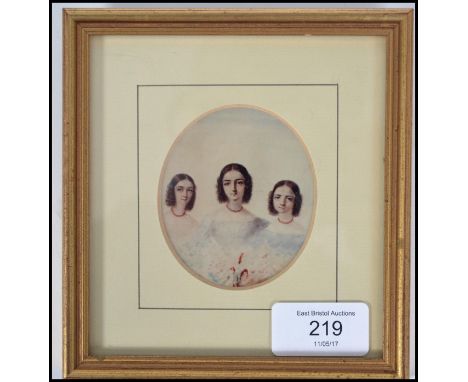 A believed 19th century miniature portrait study group of three girls. Unsigned framed and glazed.
