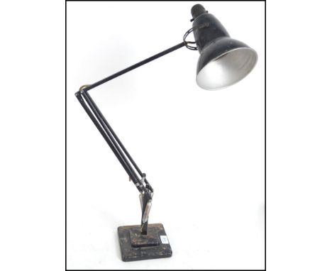 A vintage mid 20th century Herbert Terry 2 step square base anglepoise Industrial desk lamp with pendant shade finished in bl