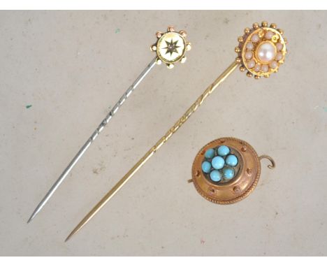 A 9ct gold and seed pearl adorned stick pin together with another having low point diamond and a 9ct P&amp;S turquoise set pe