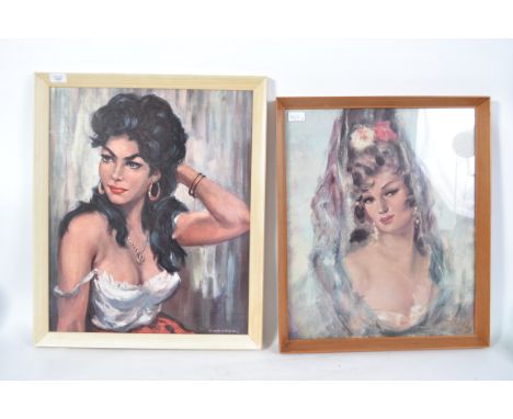 A mid century retro framed print of a maiden by H. Walter, signed to the corner together with another framed and glazed mid c