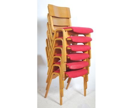 A set of six vintage beech school / village hall stacking chairs with red fabric seat pads, designed by Stafford, , made by T