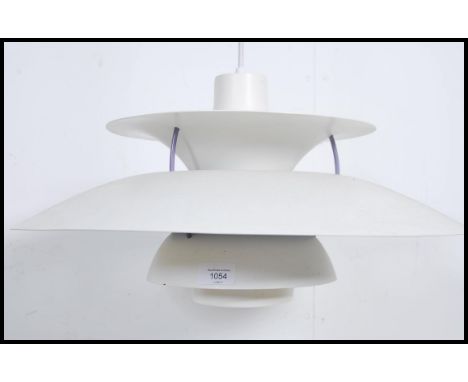 After Poul Henningsen for Louis Poulsen&nbsp; PH 4 / 3 hanging ceiling light, finished in white with blue inner.&nbsp;Measure