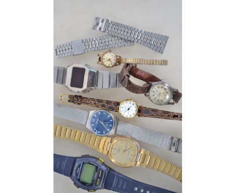 A collection of vintage watches to include a red face digital watch on stainless bracelet, Zina 30's watch, Scene, Tressa Aut