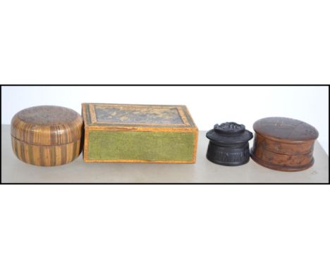 A collection of treen wares to include trench art 1907 Norwegian flag snuff pot, Scottish treen snuff carved with notation fo