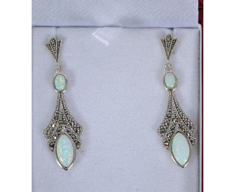 A pair of silver marcasite and opal drop earrings in the Art Deco style being complete in the original presentation box