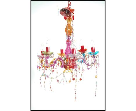 A stunning multi-coloured six point chandelier. Multi coloured droplets and branches. Please see images.&nbsp;